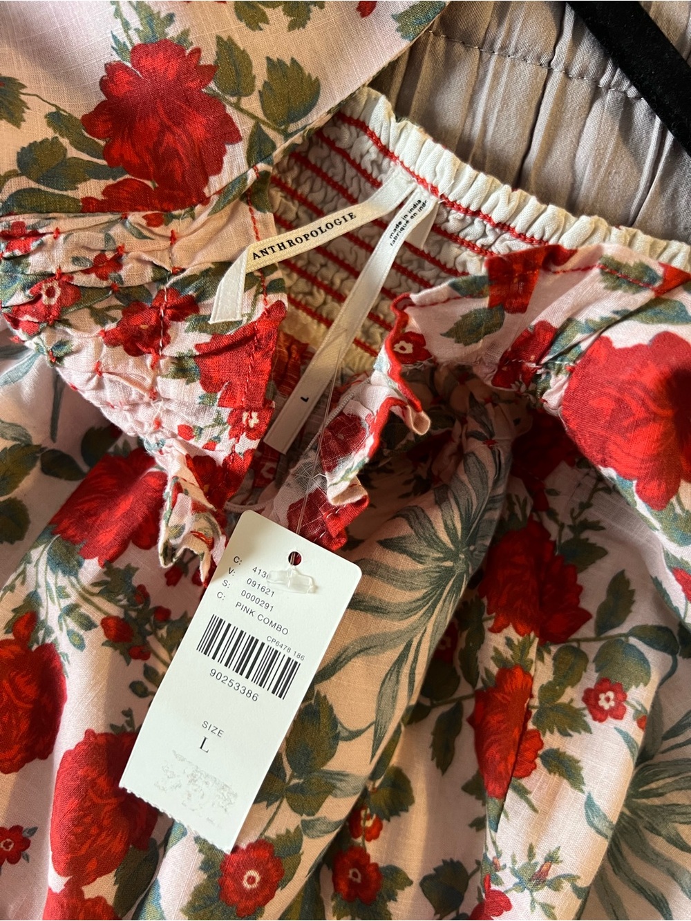 Anthropologie Pink Floral Tiered Maxi Dress with Red Blooms - Picture 4 of 4